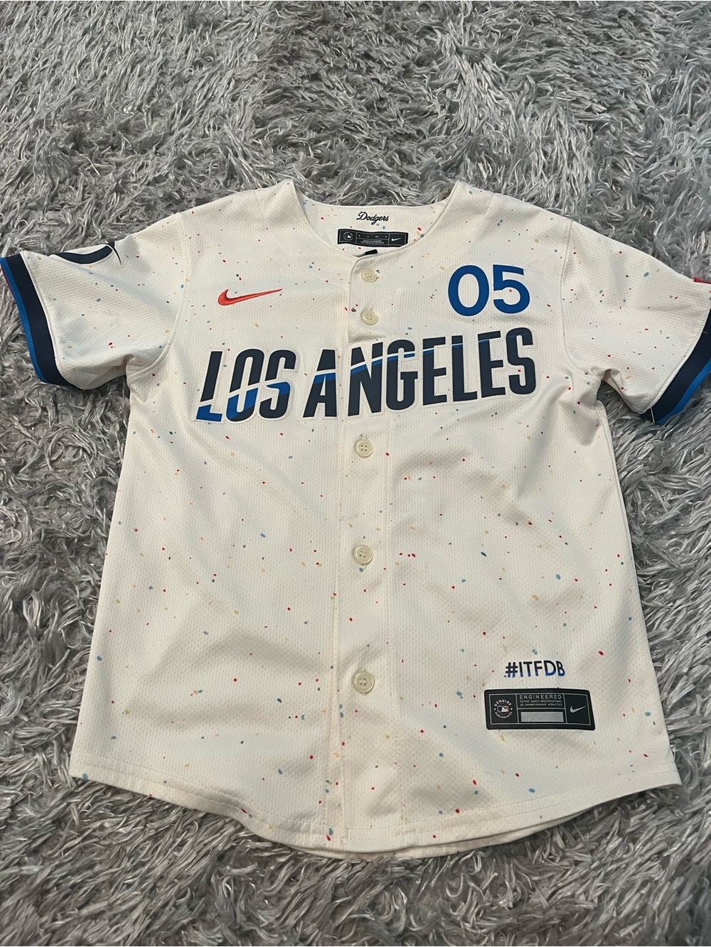 Nike Kids' White Los Angeles Baseball Jersey with Multicolor Speckle